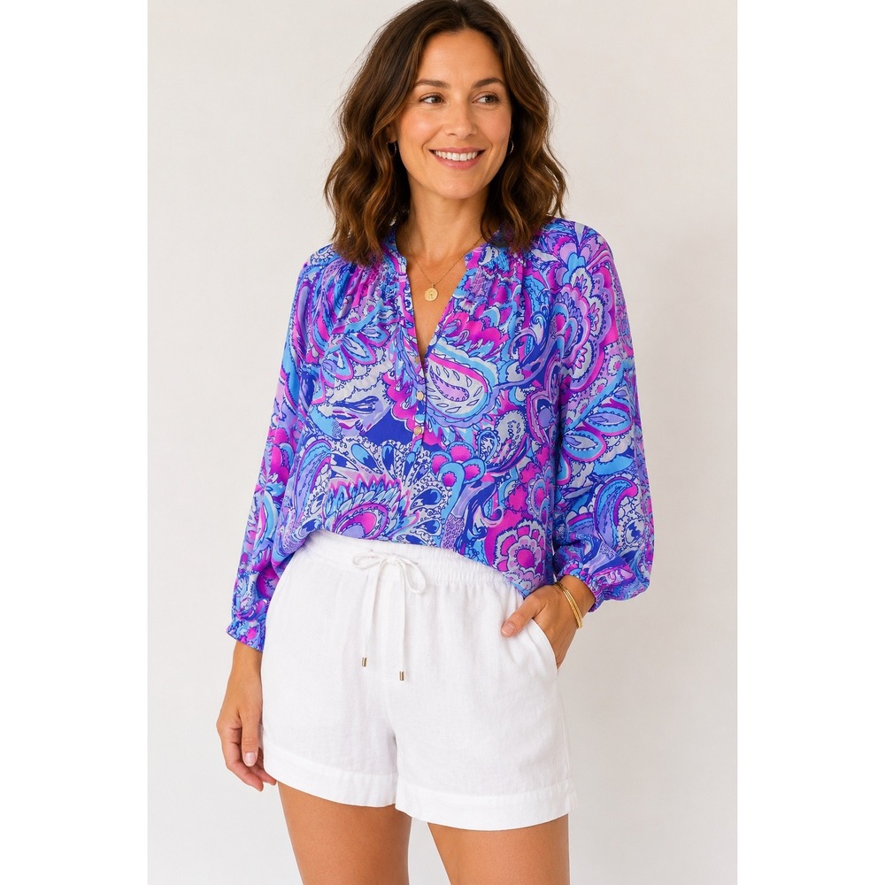 Lilly Pulitzer Silk Blouse Elsa Womens S Pink Blue Mermaid Call Summer Vacation